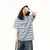 Vintage Blue Striped Short Sleeve T-Shirt for Women - Loose Fit Summer Top - High-End American Style Fashion