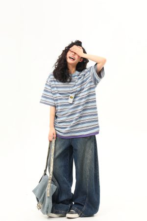 Vintage Blue Striped Short Sleeve T-Shirt for Women - Loose Fit Summer Top - High-End American Style Fashion