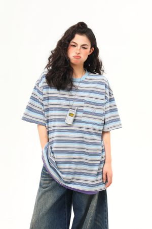 Vintage Blue Striped Short Sleeve T-Shirt for Women - Loose Fit Summer Top - High-End American Style Fashion