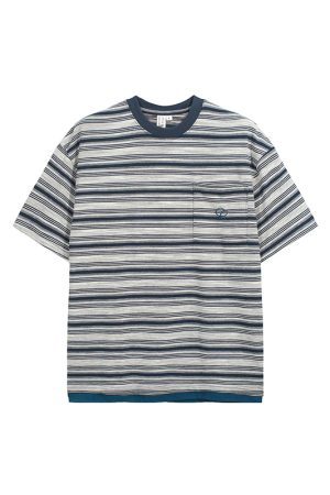 Vintage Blue Striped Short Sleeve T-Shirt for Women - Loose Fit Summer Top - High-End American Style Fashion