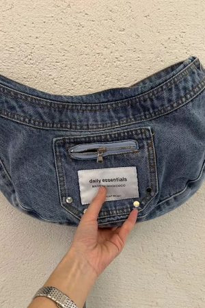 Vintage Blue Washed Denim Cowboy Half-Moon Dumpling Bag - Versatile Shoulder Crossbody Underarm Bag for Cool Y2K Style