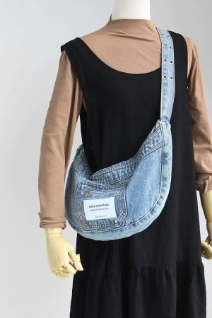 Vintage Blue Washed Denim Cowboy Half-Moon Dumpling Bag - Versatile Shoulder Crossbody Underarm Bag for Cool Y2K Style