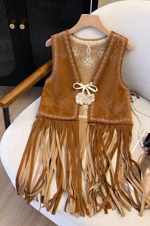 Vintage Bohemian Floral Embroidery Long Tassel Vest Cardigan Outerwear for Travel, Ethnic Style, Perfect for 90s and Y2K Fashion