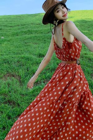 Vintage Bohemian Printed Long Skirt and Spaghetti Strap Backless Dress - Qinghai Northwest Red Floral Design for Women