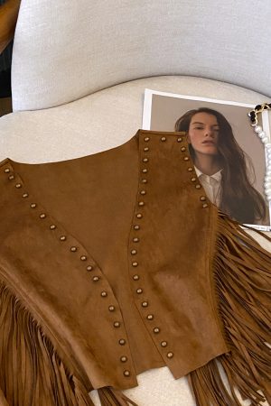 Vintage Bohemian Suede Fringe Vest for Women - Studded Short Crop Top, Prairie Style, Boho Chic Fashion