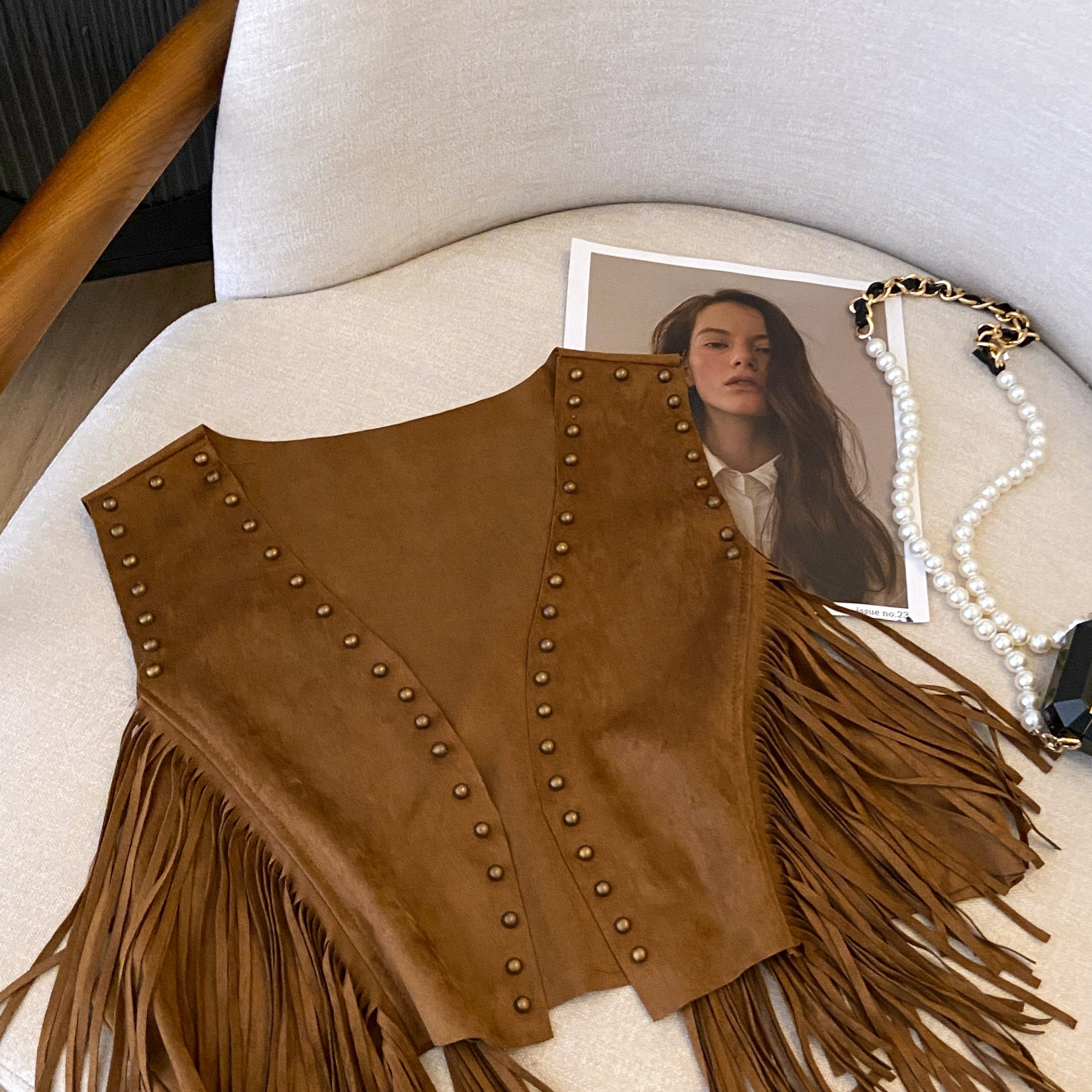 Vintage Bohemian Suede Fringe Vest for Women - Studded Short Crop Top, Prairie Style, Boho Chic Fashion Vintage Bohemian Suede Fringe Vest for Women - Studded Short Crop Top, Prairie Style, Boho Chic Fashion