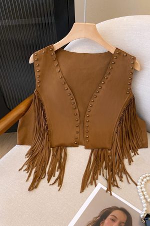 Vintage Bohemian Suede Fringe Vest for Women - Studded Short Crop Top, Prairie Style, Boho Chic Fashion