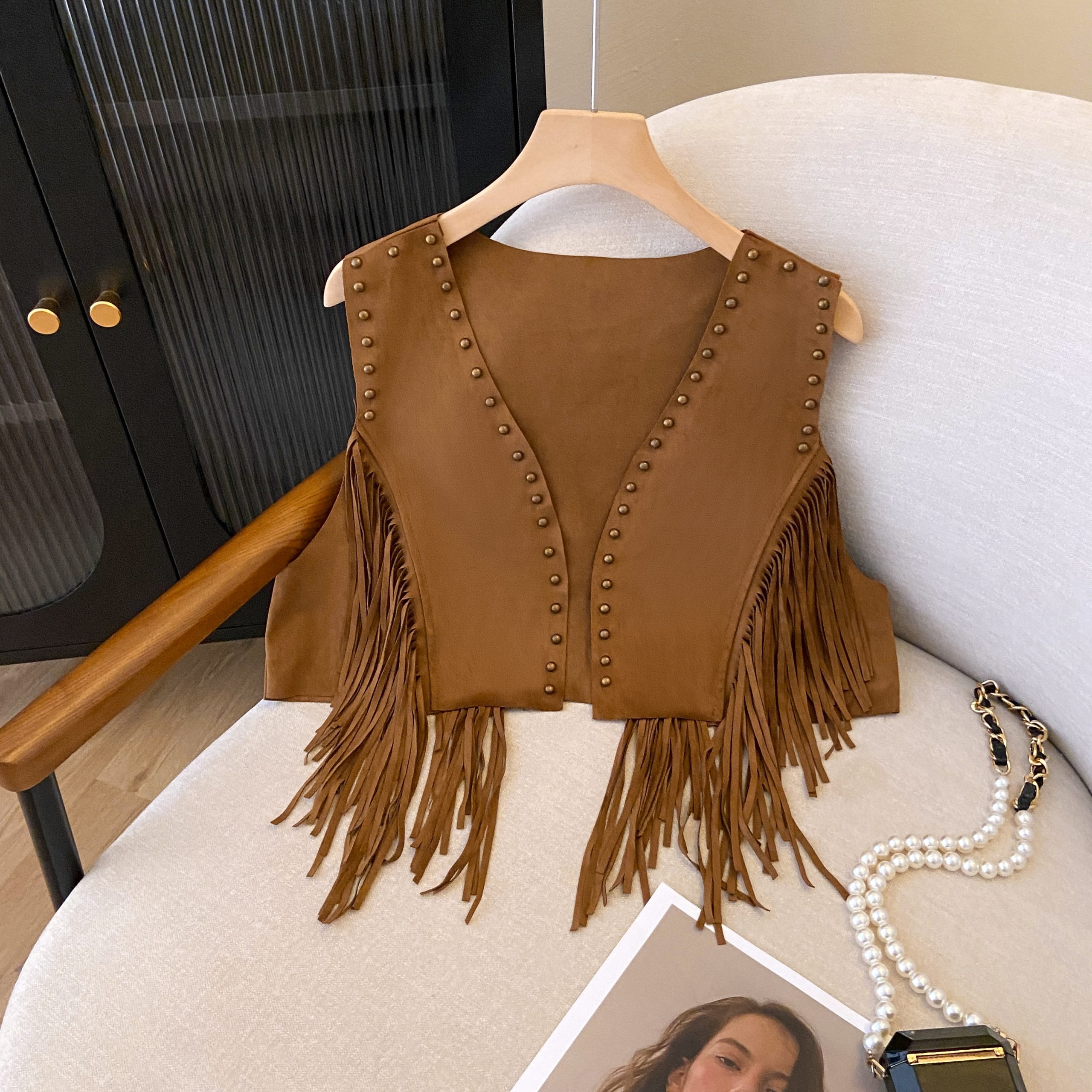 Vintage Bohemian Suede Fringe Vest for Women - Studded Short Crop Top, Prairie Style, Boho Chic Fashion Vintage Bohemian Suede Fringe Vest for Women - Studded Short Crop Top, Prairie Style, Boho Chic Fashion