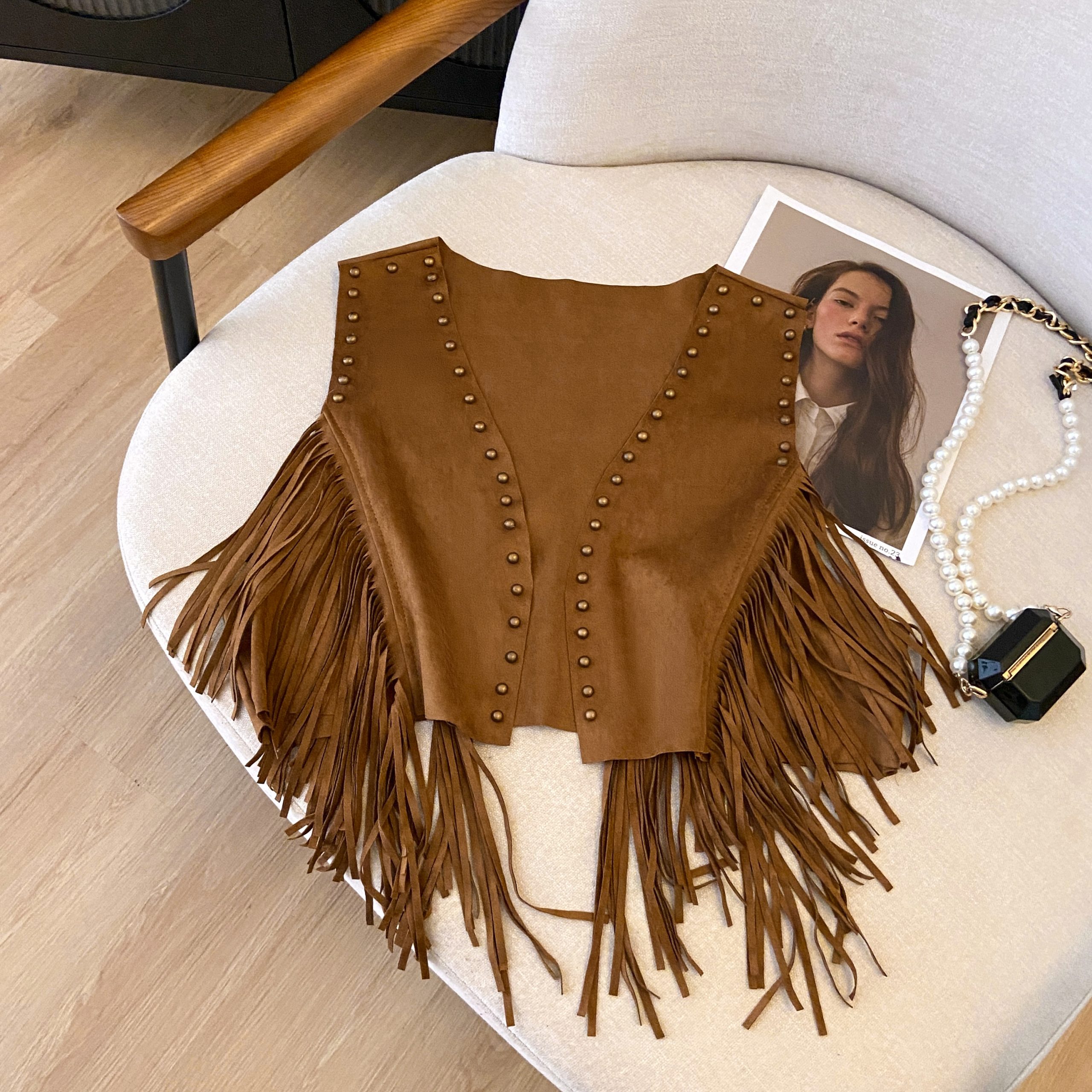 Vintage Bohemian Suede Fringe Vest for Women - Studded Short Crop Top, Prairie Style, Boho Chic Fashion Vintage Bohemian Suede Fringe Vest for Women - Studded Short Crop Top, Prairie Style, Boho Chic Fashion