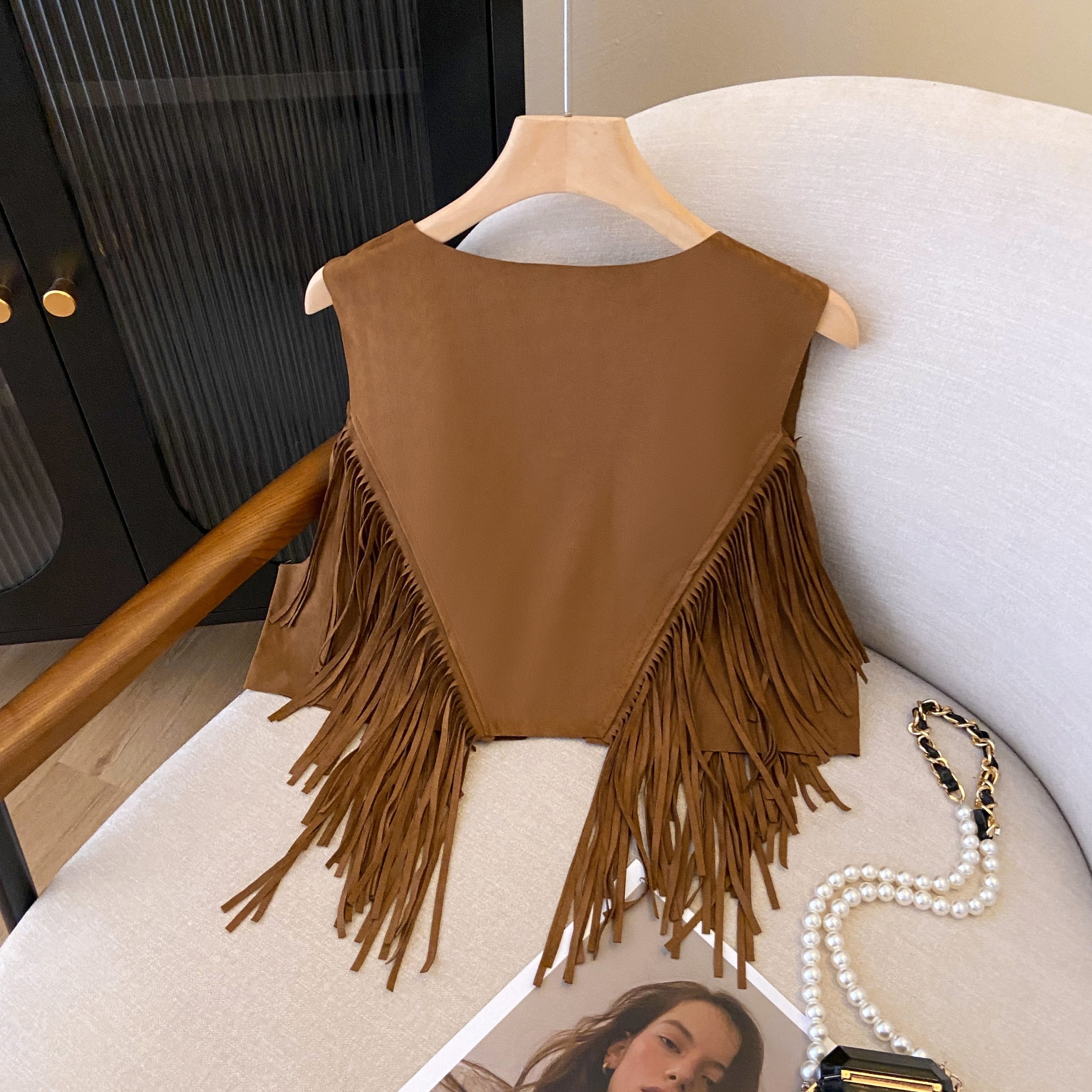 Vintage Bohemian Suede Fringe Vest for Women - Studded Short Crop Top, Prairie Style, Boho Chic Fashion Vintage Bohemian Suede Fringe Vest for Women - Studded Short Crop Top, Prairie Style, Boho Chic Fashion