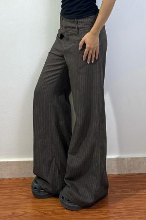 Vintage British Striped Asymmetrical Pocket Wide-Leg Pants for Women, Retro Loose Straight-Leg Trousers, Y2K Style