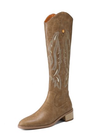 Vintage Brown Embroidered Western Cowboy Boots for Women - Pointed Toe Long Tube Design, Chunky Heel Summer Riding Boots
