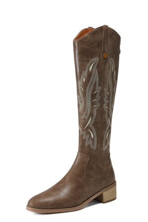 Vintage Brown Embroidered Western Cowboy Boots for Women - Pointed Toe Long Tube Design, Chunky Heel Summer Riding Boots