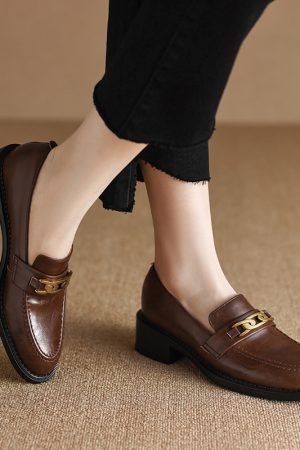 Vintage Brown Metal Buckle Loafers for Women - Versatile Leather Shoes, 2025 Trend, Y2K Inspired Fashion