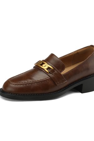 Vintage Brown Metal Buckle Loafers for Women - Versatile Leather Shoes, 2025 Trend, Y2K Inspired Fashion