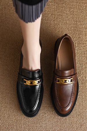 Vintage Brown Metal Buckle Loafers for Women - Versatile Leather Shoes, 2025 Trend, Y2K Inspired Fashion