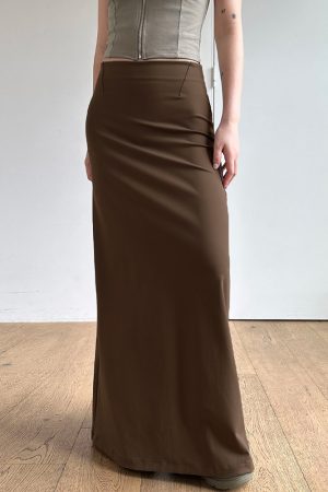 Vintage Brown Straight Retro Long Skirt for Women with Back Slit - Stylish Low Waist Design, Perfect for Y2K and 90s Fashion
