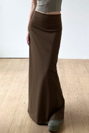 Vintage Brown Straight Retro Long Skirt for Women with Back Slit - Stylish Low Waist Design, Perfect for Y2K and 90s Fashion