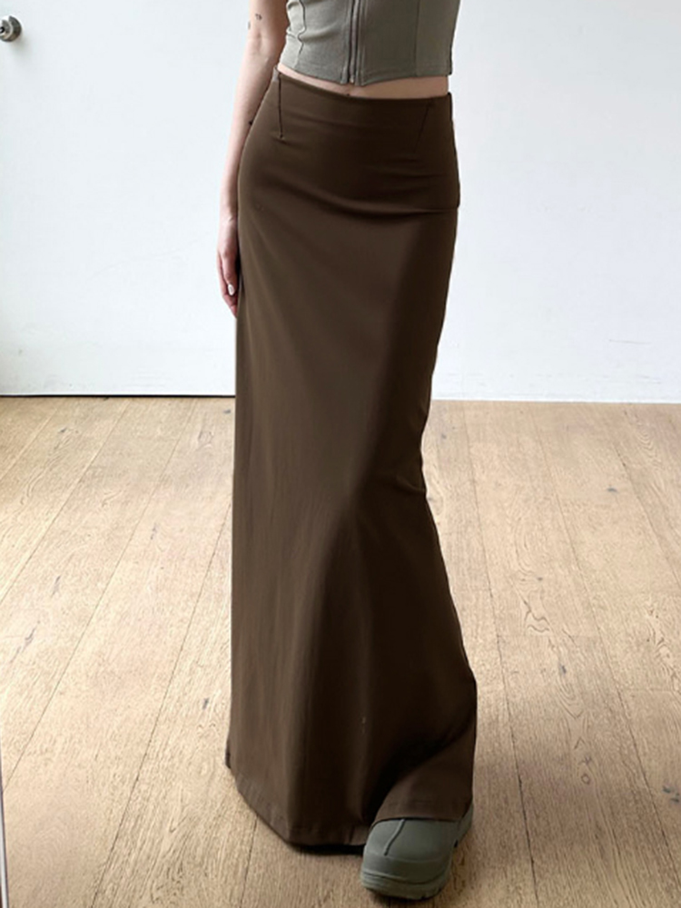 Vintage Brown Straight Retro Long Skirt for Women with Back Slit - Stylish Low Waist Design, Perfect for Y2K and 90s Fashion Vintage Brown Straight Retro Long Skirt for Women with Back Slit - Stylish Low Waist Design, Perfect for Y2K and 90s Fashion