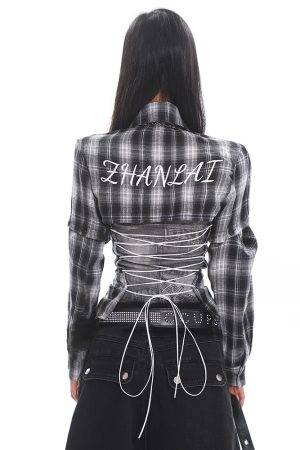 Vintage Brushed Plaid Backless Hollow-Out Short Sleeve Shirt with Detachable Straps - Y2K Fashion Trend