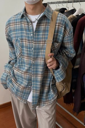 Vintage Brushed Plaid Long Sleeve Shirt for Men & Women, Pleated Pocket, Casual Couple's Jacket, Spring & Autumn Fashion