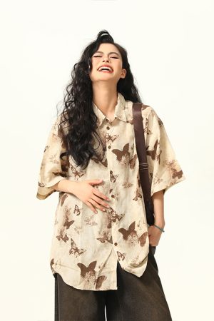 Vintage Butterfly Print Short Sleeve Shirt for Women - Retro American Style Summer Top, 90s Inspired Fashion