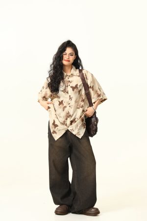 Vintage Butterfly Print Short Sleeve Shirt for Women - Retro American Style Summer Top, 90s Inspired Fashion