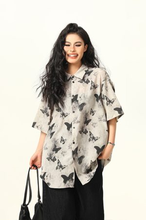 Vintage Butterfly Print Short Sleeve Shirt for Women - Retro American Style Summer Top, 90s Inspired Fashion