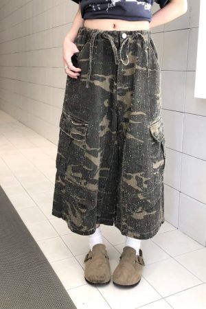 Vintage Camouflage Work Pants for Men & Women, Loose Straight-Leg Wide-Leg Trousers, 8/10 Length, Y2K Streetwear Style
