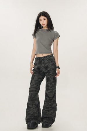 Vintage Camouflage Workwear Pants for Men and Women - Loose Straight Leg Flared Wide-Leg Casual Streetwear 90s Style