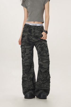 Vintage Camouflage Workwear Pants for Men and Women - Loose Straight Leg Flared Wide-Leg Casual Streetwear 90s Style