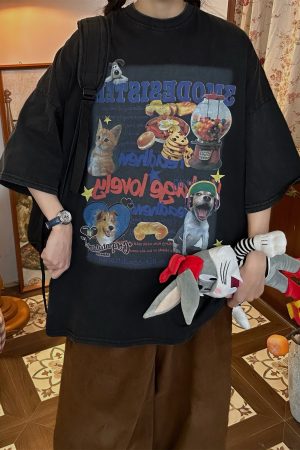 Vintage Cartoon Cat and Dog Print Half Sleeve T-Shirt for Women, Washed Distressed Loose Style, 90s Inspired Casual Top