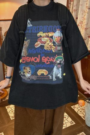 Vintage Cartoon Cat and Dog Print Half Sleeve T-Shirt for Women, Washed Distressed Loose Style, 90s Inspired Casual Top