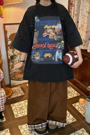 Vintage Cartoon Cat and Dog Print Half Sleeve T-Shirt for Women, Washed Distressed Loose Style, 90s Inspired Casual Top