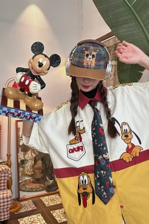 Vintage Cartoon Embroidered Patchwork Short Sleeve Shirt - Fun Pluto Design, Loose Fit, Retro Style for 90s and Y2K Fashion Lovers