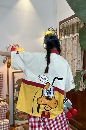 Vintage Cartoon Embroidered Patchwork Short Sleeve Shirt - Fun Pluto Design, Loose Fit, Retro Style for 90s and Y2K Fashion Lovers