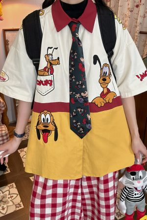 Vintage Cartoon Embroidered Patchwork Short Sleeve Shirt - Fun Pluto Design, Loose Fit, Retro Style for 90s and Y2K Fashion Lovers