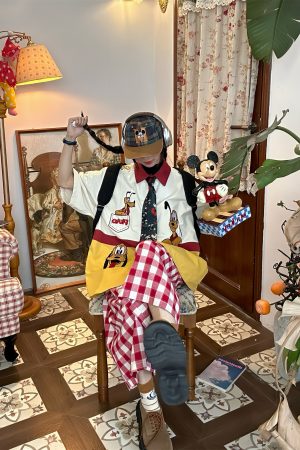 Vintage Cartoon Embroidered Patchwork Short Sleeve Shirt - Fun Pluto Design, Loose Fit, Retro Style for 90s and Y2K Fashion Lovers