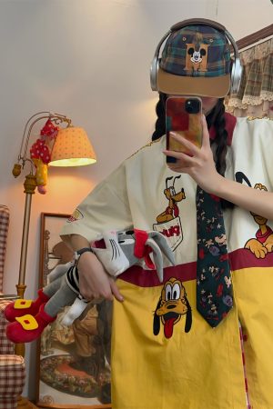 Vintage Cartoon Embroidered Patchwork Short Sleeve Shirt - Fun Pluto Design, Loose Fit, Retro Style for 90s and Y2K Fashion Lovers