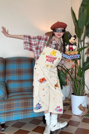 Vintage Cartoon Embroidered Work Overalls - Retro Heavy-Duty Cropped Pants for Couples - Unisex Casual Style