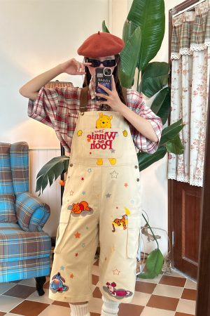 Vintage Cartoon Embroidered Work Overalls - Retro Heavy-Duty Cropped Pants for Couples - Unisex Casual Style