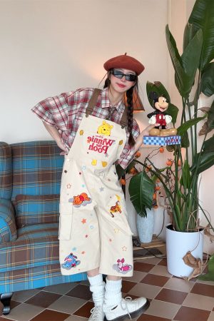 Vintage Cartoon Embroidered Work Overalls - Retro Heavy-Duty Cropped Pants for Couples - Unisex Casual Style