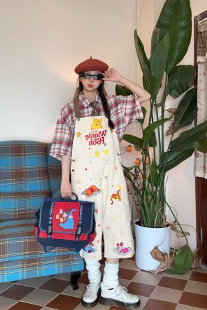 Vintage Cartoon Embroidered Work Overalls - Retro Heavy-Duty Cropped Pants for Couples - Unisex Casual Style