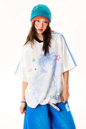 Vintage Cartoon Girl Jersey Short Sleeve T-Shirt for Women - Loose Fit V-Neck Top, Summer Casual Style