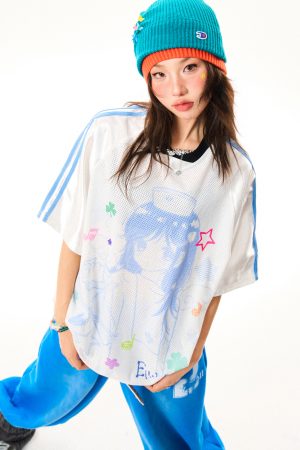 Vintage Cartoon Girl Jersey Short Sleeve T-Shirt for Women - Loose Fit V-Neck Top, Summer Casual Style