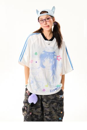 Vintage Cartoon Girl Jersey Short Sleeve T-Shirt for Women - Loose Fit V-Neck Top, Summer Casual Style