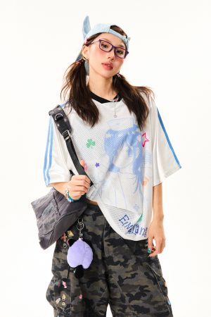 Vintage Cartoon Girl Jersey Short Sleeve T-Shirt for Women - Loose Fit V-Neck Top, Summer Casual Style