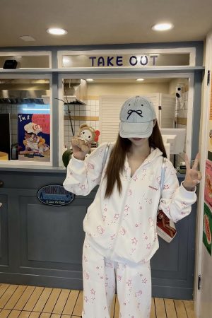 Vintage Cartoon Hooded Cardigan and Pants Set for Women - Loose Casual American Style Outfit