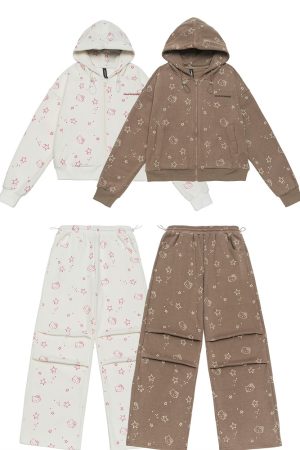 Vintage Cartoon Hooded Cardigan and Pants Set for Women - Loose Casual American Style Outfit