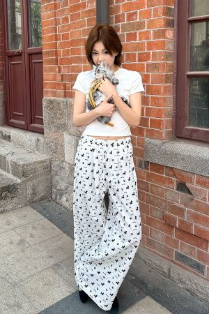 Vintage Casual Dog Print Wide-Leg Pants for Women - American Style Loose Straight Fit, Draping Effect, Versatile Summer Trousers